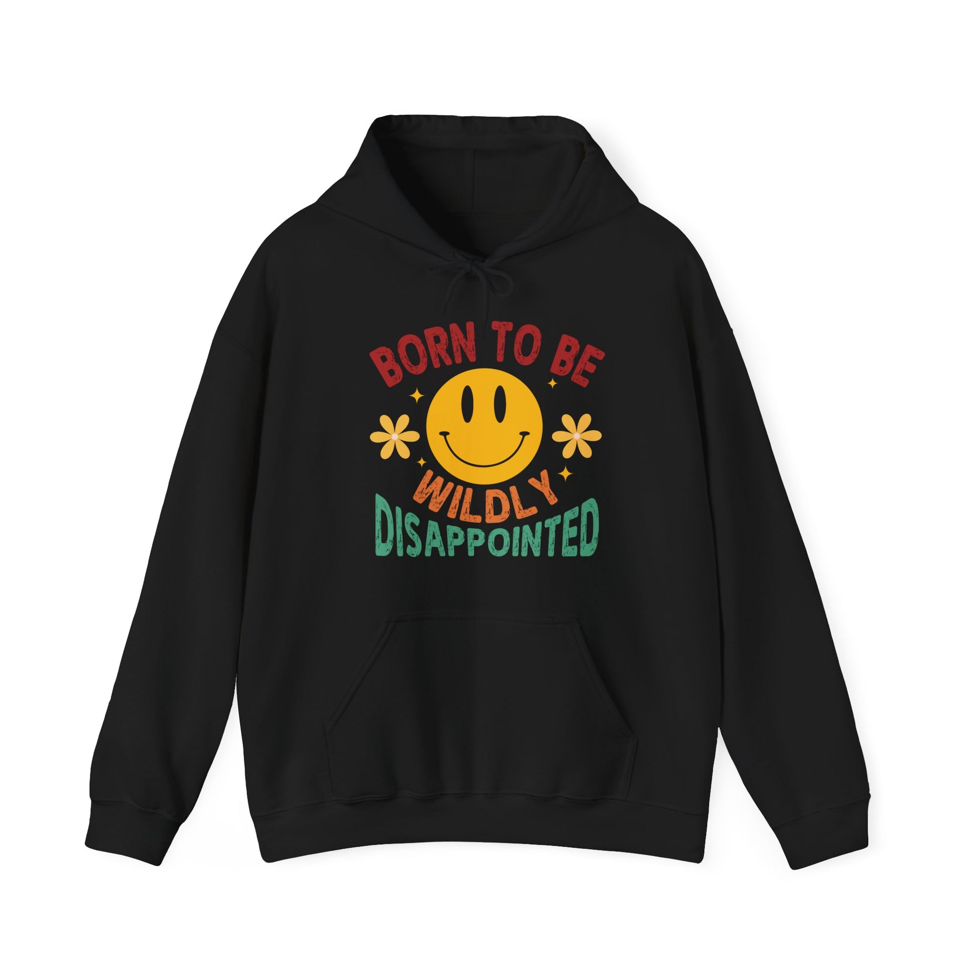 Black hoodie with a smiley face and text design on a white background