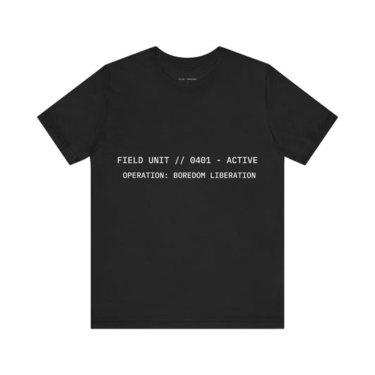 Black t-shirt with white text on a white background