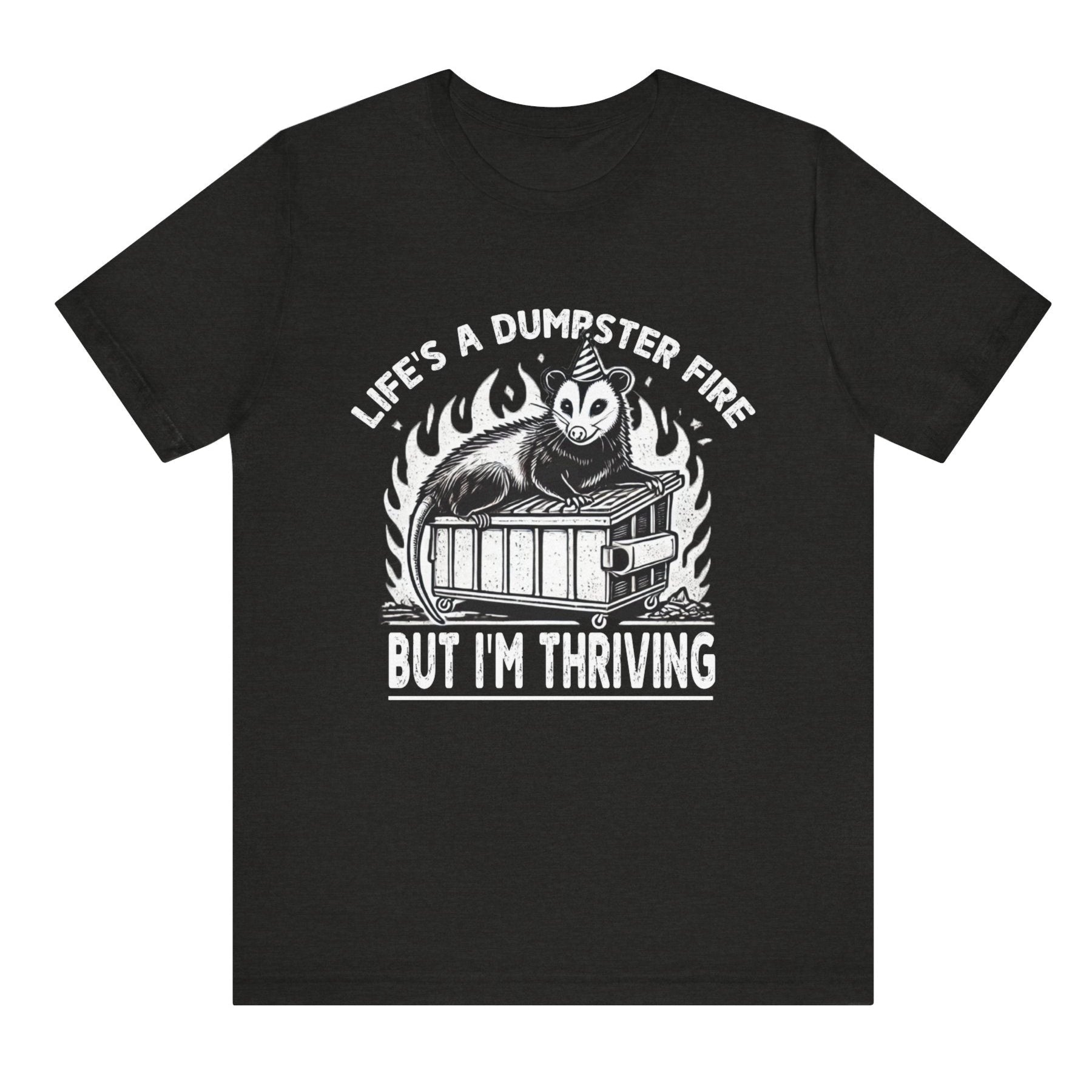 Black t-shirt with graphic design and text on a white background