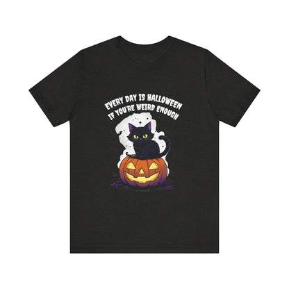 Black t-shirt with Halloween graphic and text on a white background