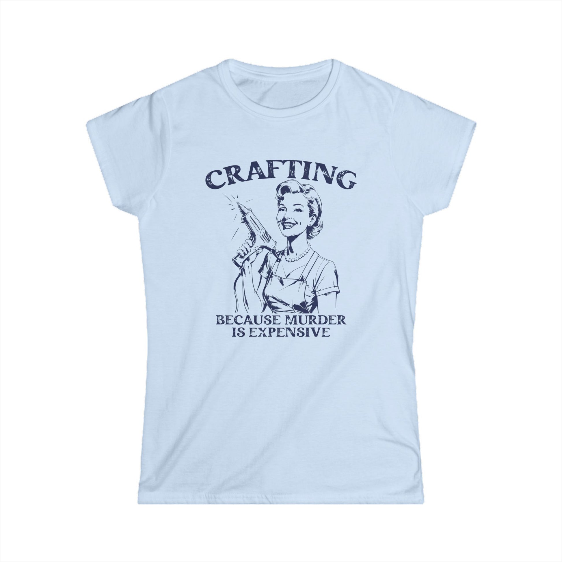 Light blue t-shirt with graphic design and text on a white background