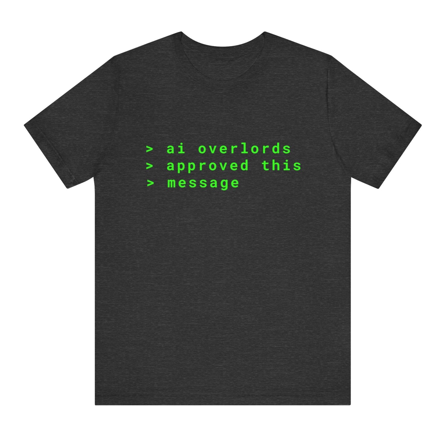 Black t-shirt with green text on a white background