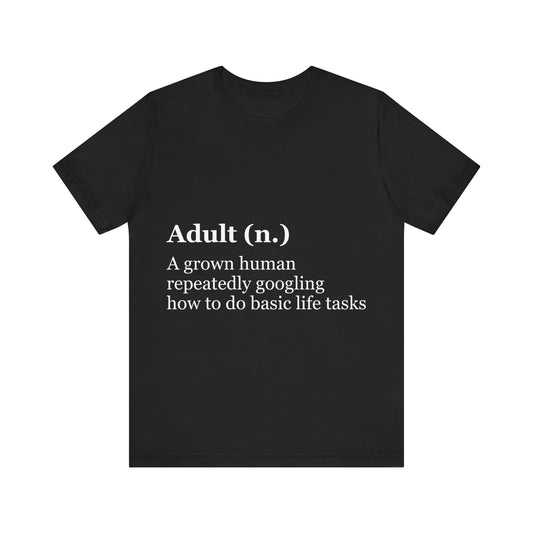 Black t-shirt with white text on a white background