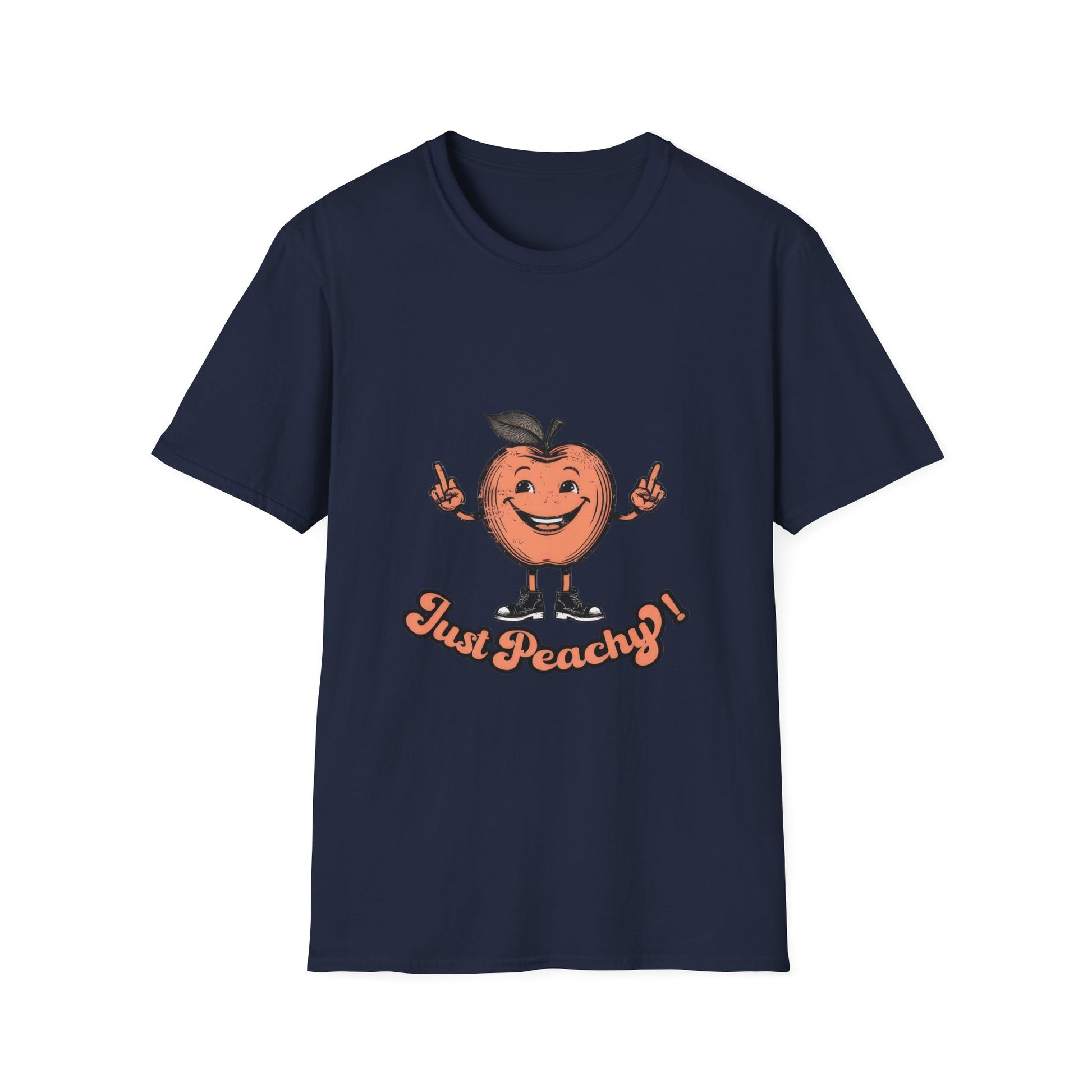 A blue men's crew neck t-shirt with the text 'Just Peachy' and an illustration of a peach with a face on it.