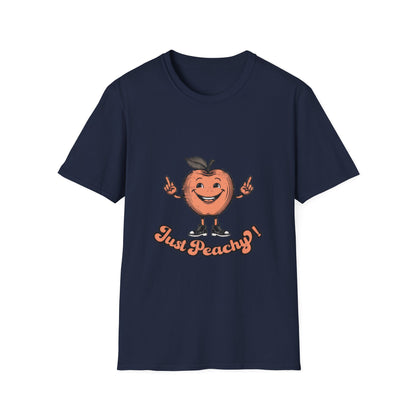 A blue men's crew neck t-shirt with the text 'Just Peachy' and an illustration of a peach with a face on it.