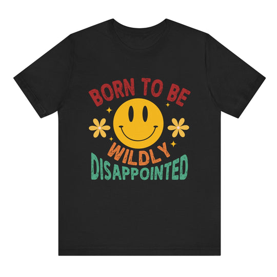 Black t-shirt with a smiley face and text design on a white background