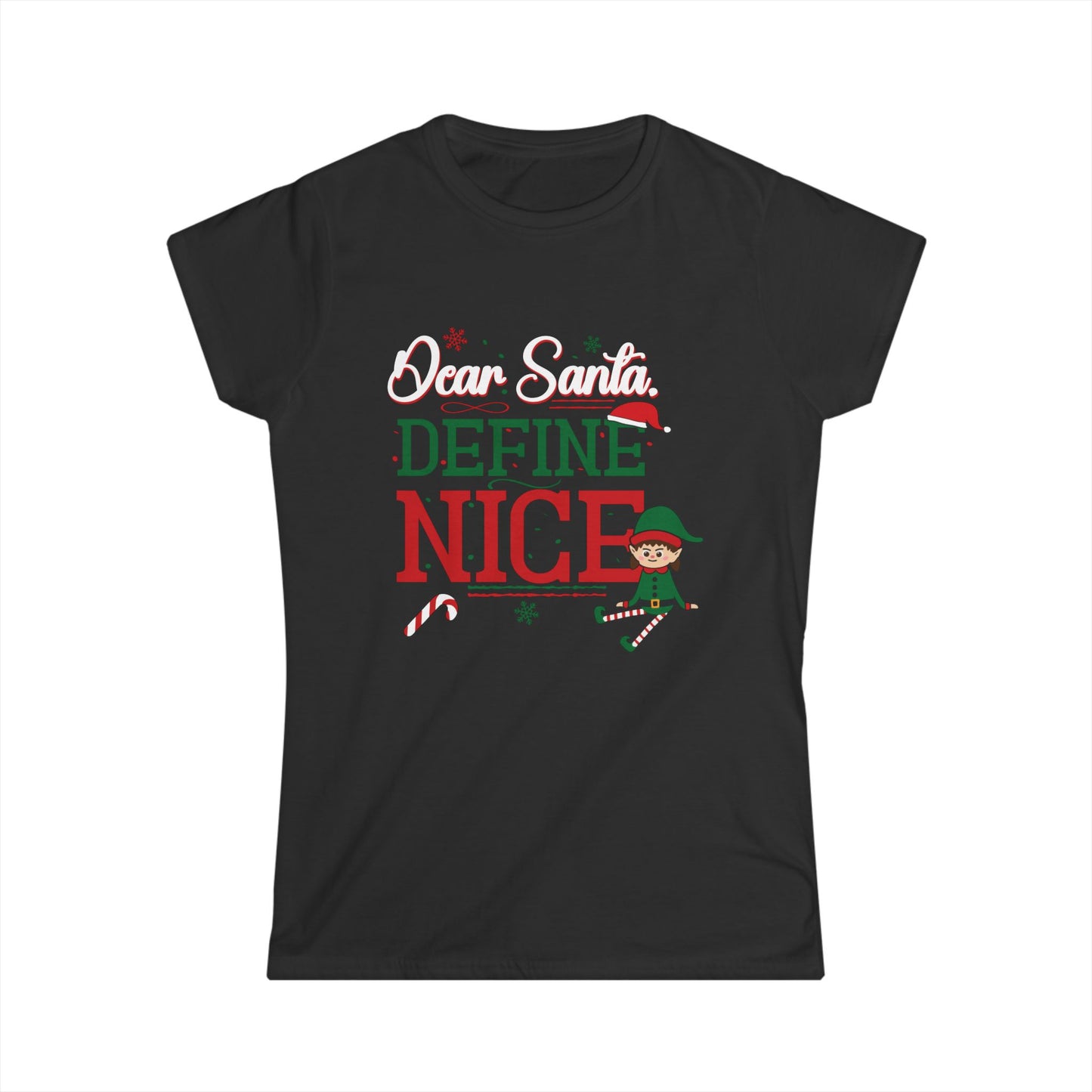 Black t-shirt with Christmas-themed text and graphics on a white background