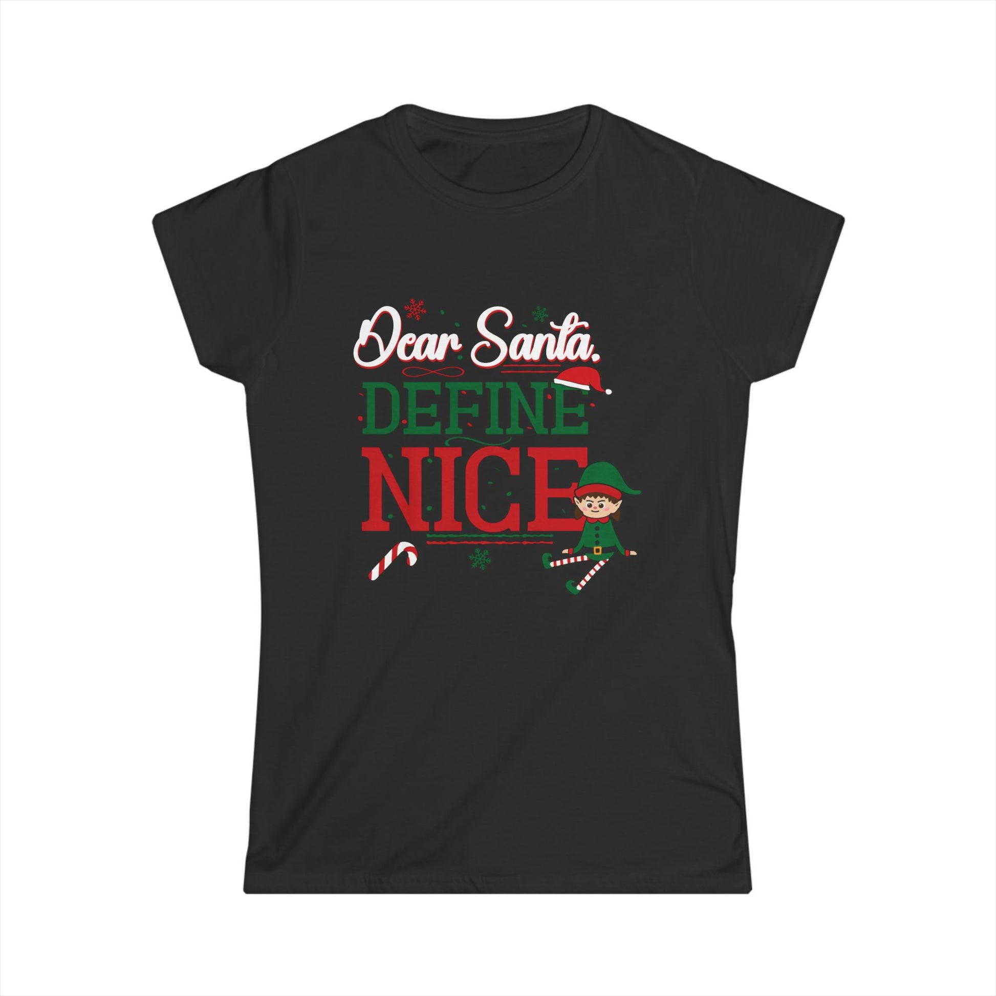 Black t-shirt with Christmas-themed text and graphics on a white background