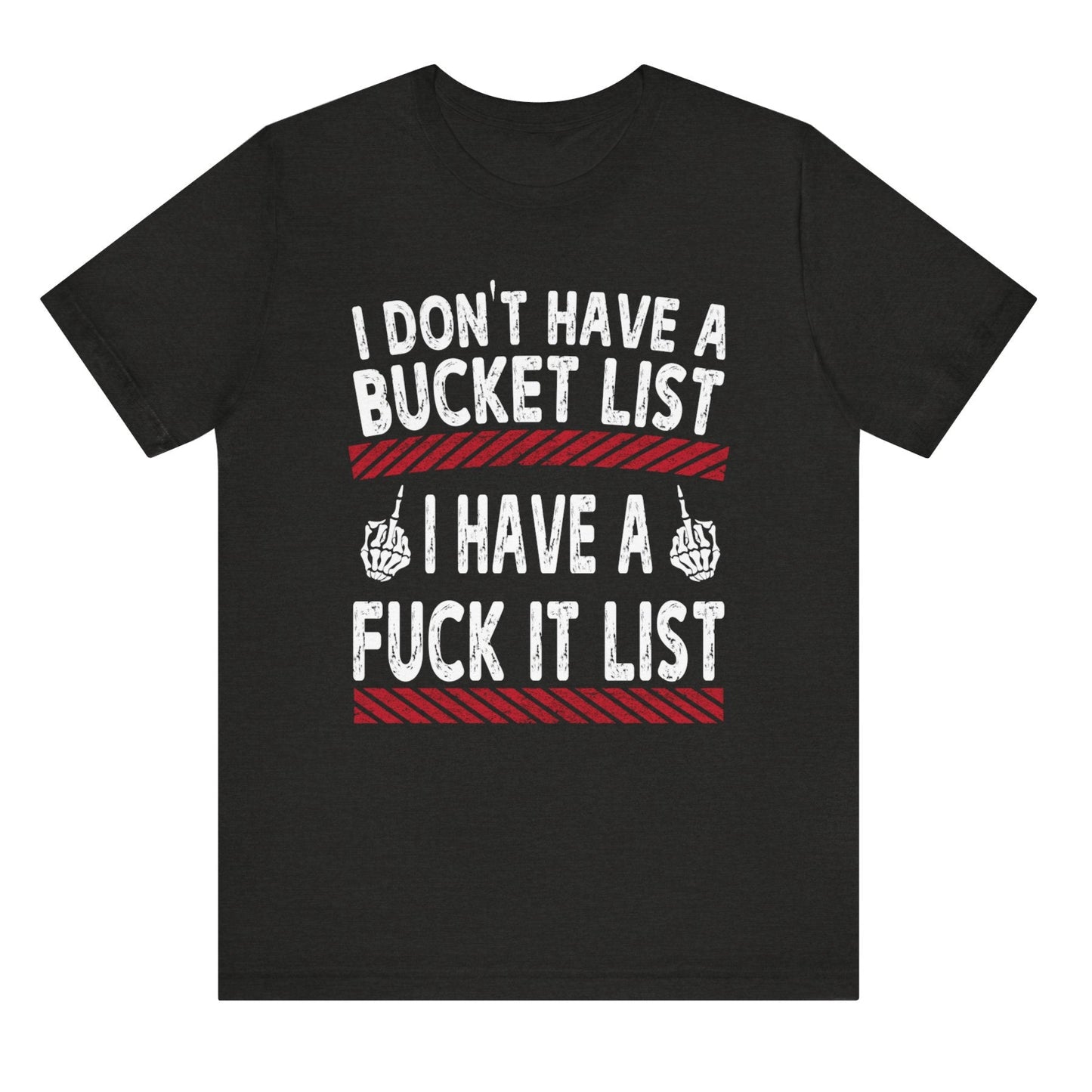 Black t-shirt with white and red text on a white background