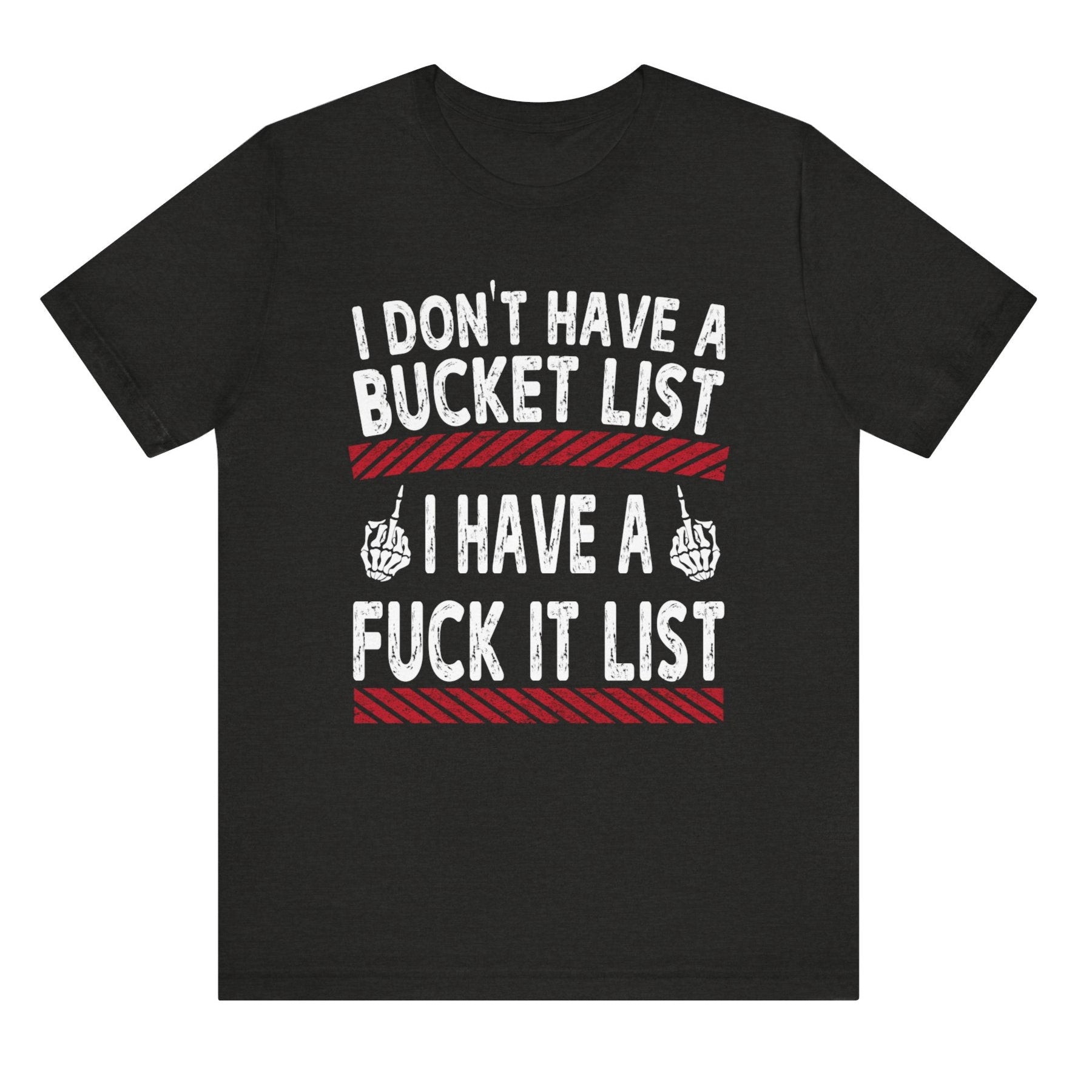 Black t-shirt with white and red text on a white background