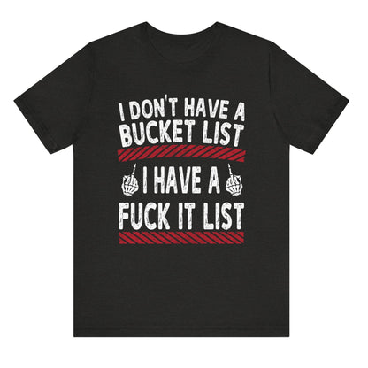 Black t-shirt with white and red text on a white background