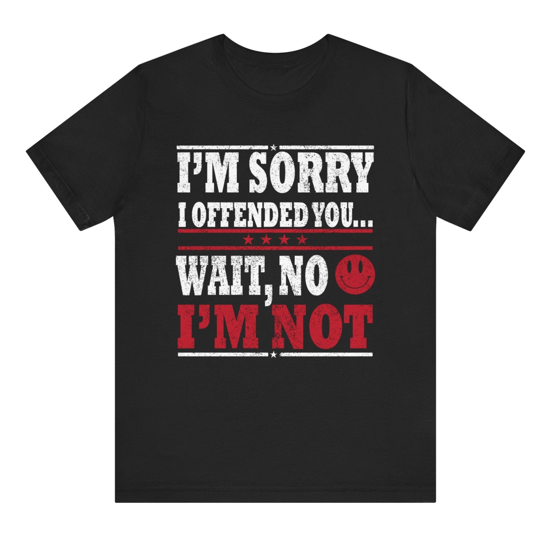 Black t-shirt with humorous text design on a white background
