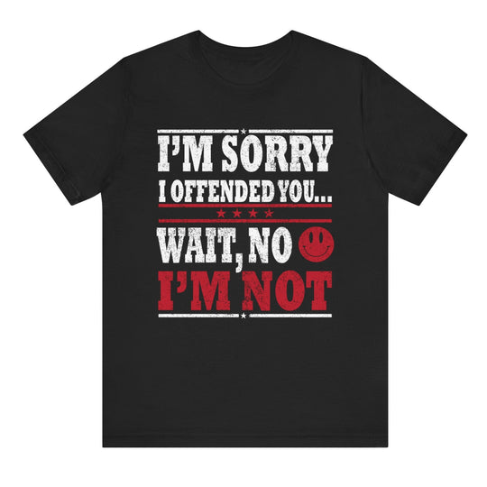 Black t-shirt with humorous text design on a white background