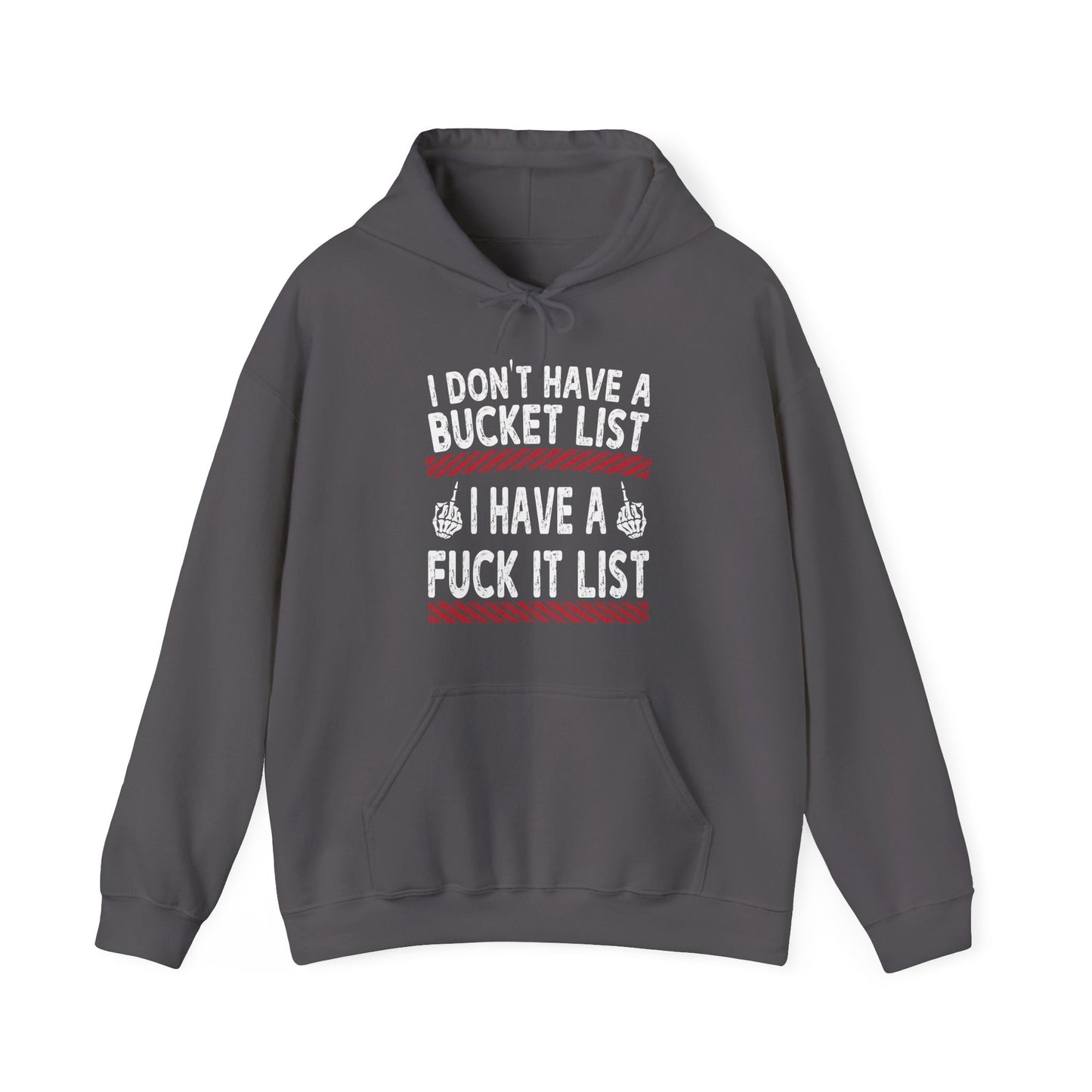 Gray hoodie with humorous text design on a white background
