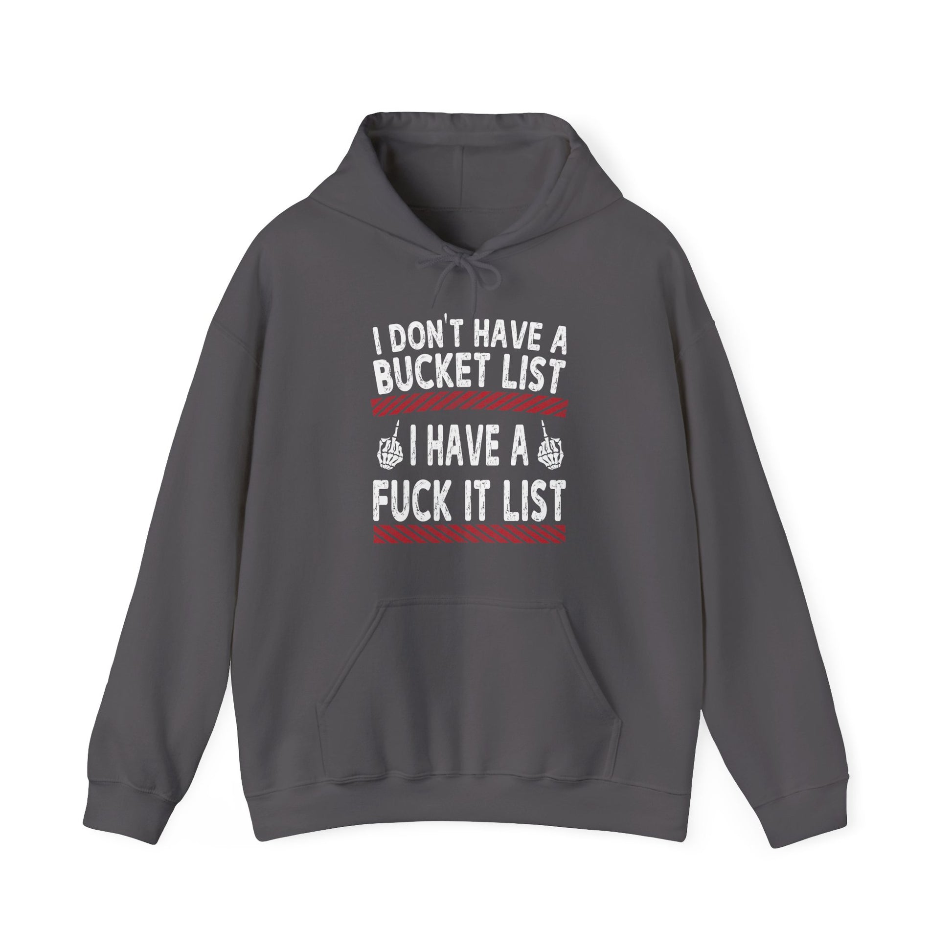 Gray hoodie with humorous text design on a white background