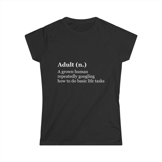 Black t-shirt with white text on a white background