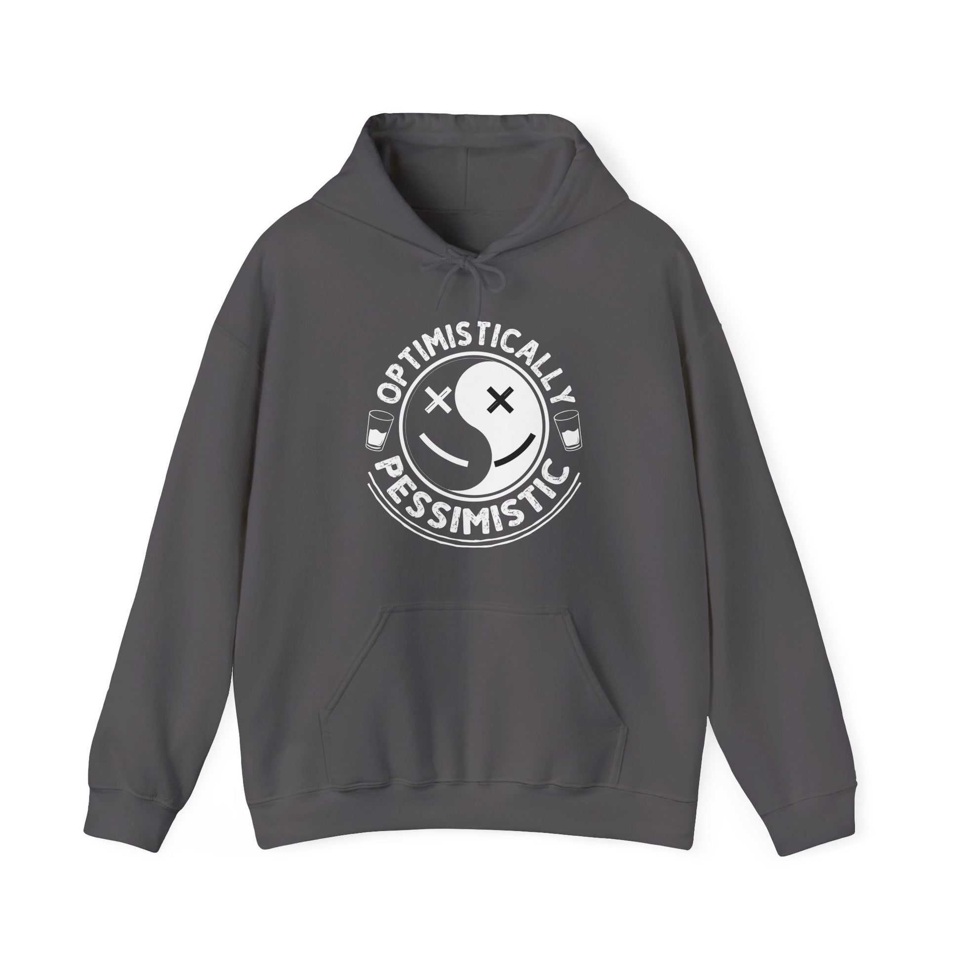 Gray hoodie with a white graphic and text on a white background