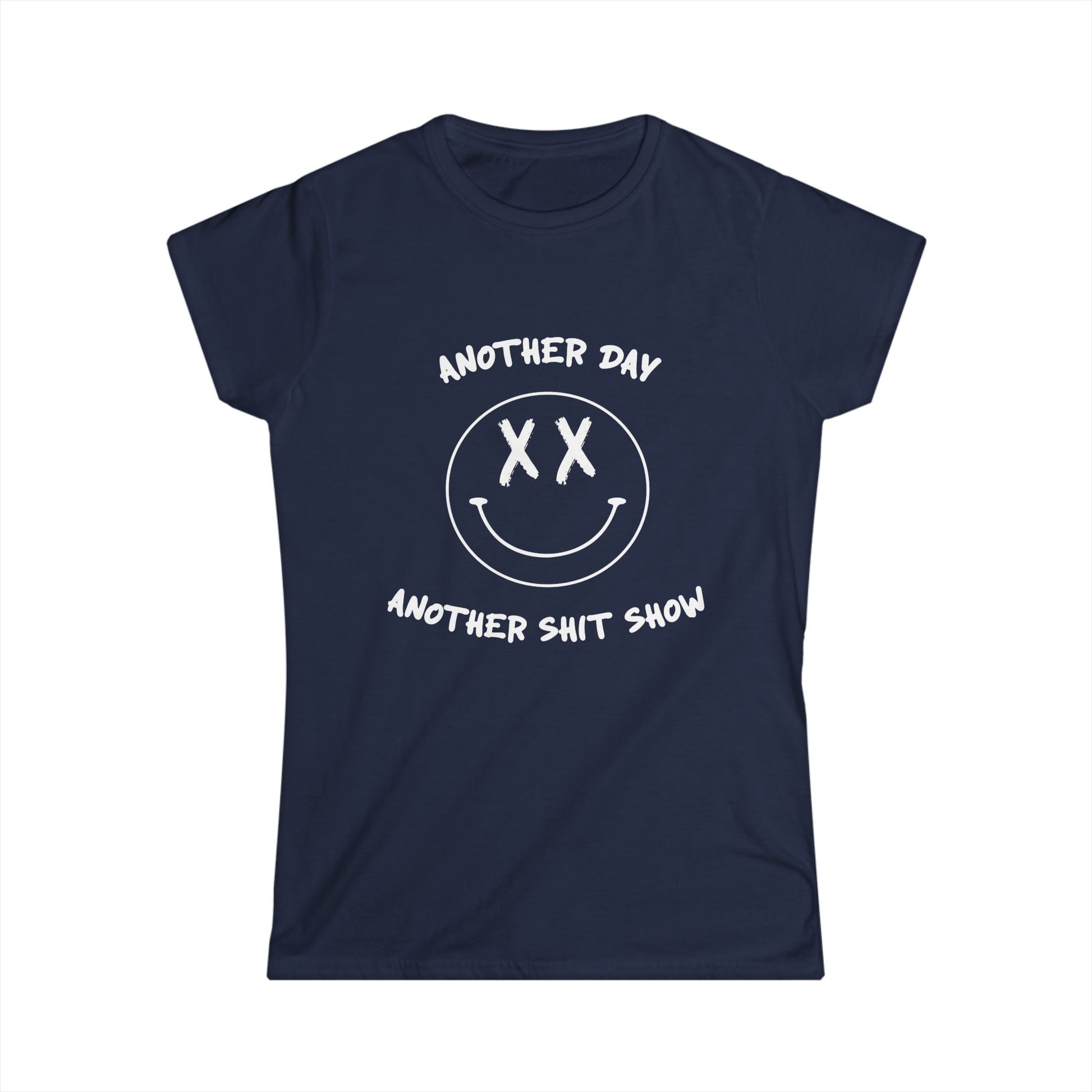 Navy blue t-shirt with white graphic and text on a white background