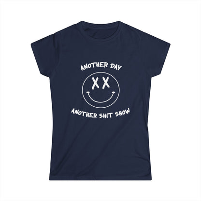 Navy blue t-shirt with white graphic and text on a white background