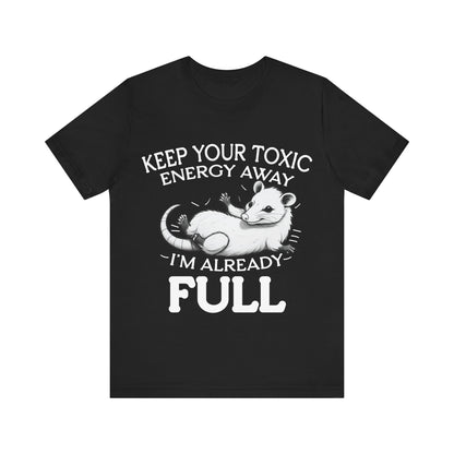 Black t-shirt with white graphic and text on a white background