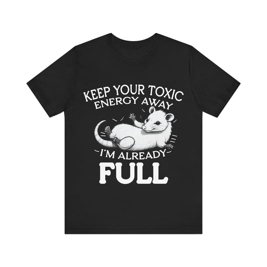 Black t-shirt with white graphic and text on a white background