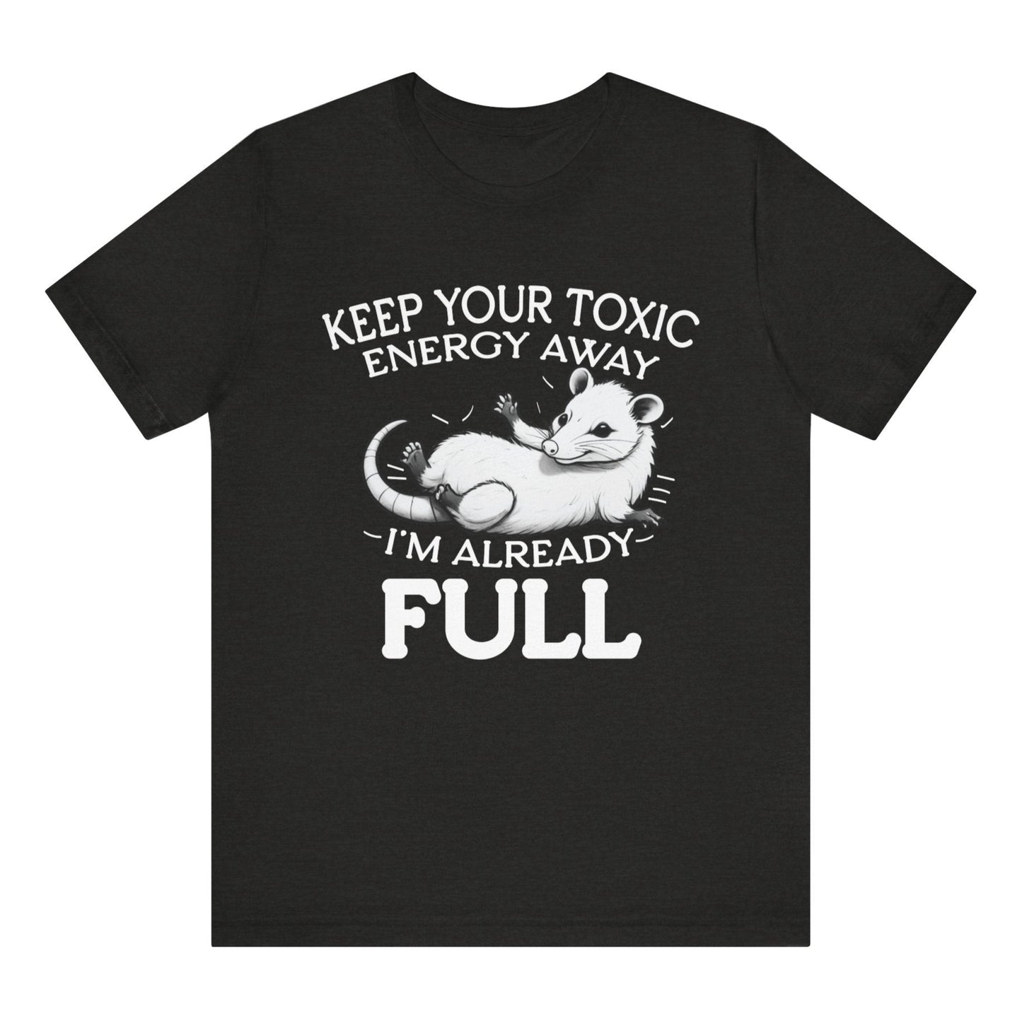 Black t-shirt with white graphic and text on a white background