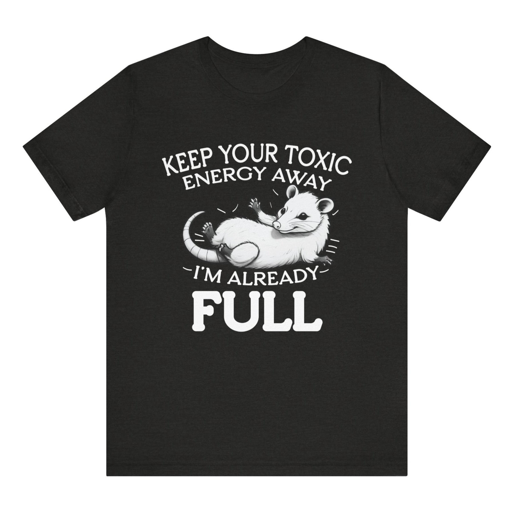 Black t-shirt with white graphic and text on a white background
