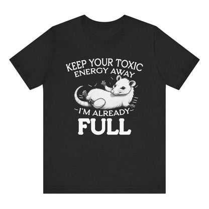 Black t-shirt with white graphic and text on a white background