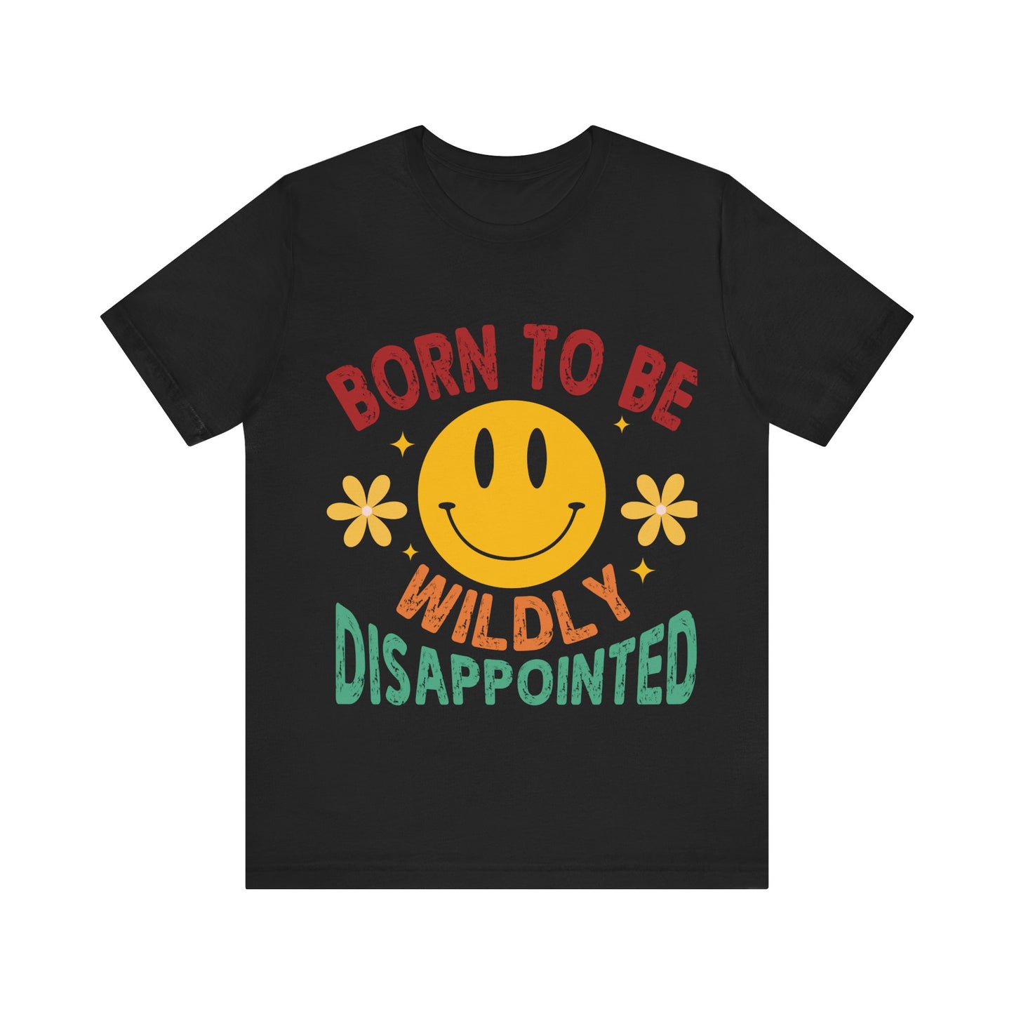 Black t-shirt with a smiley face and colorful text on a white background