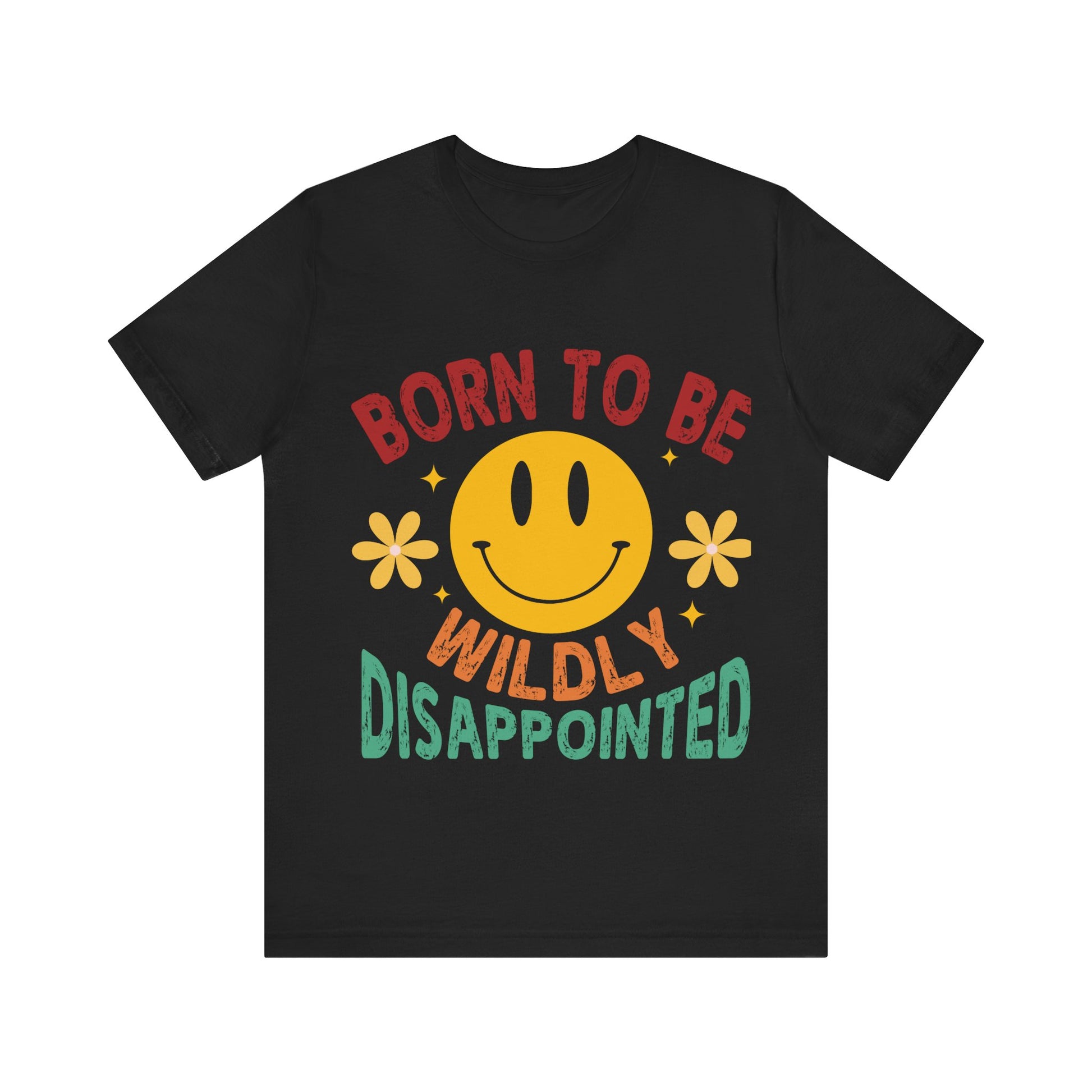 Black t-shirt with a smiley face and colorful text on a white background