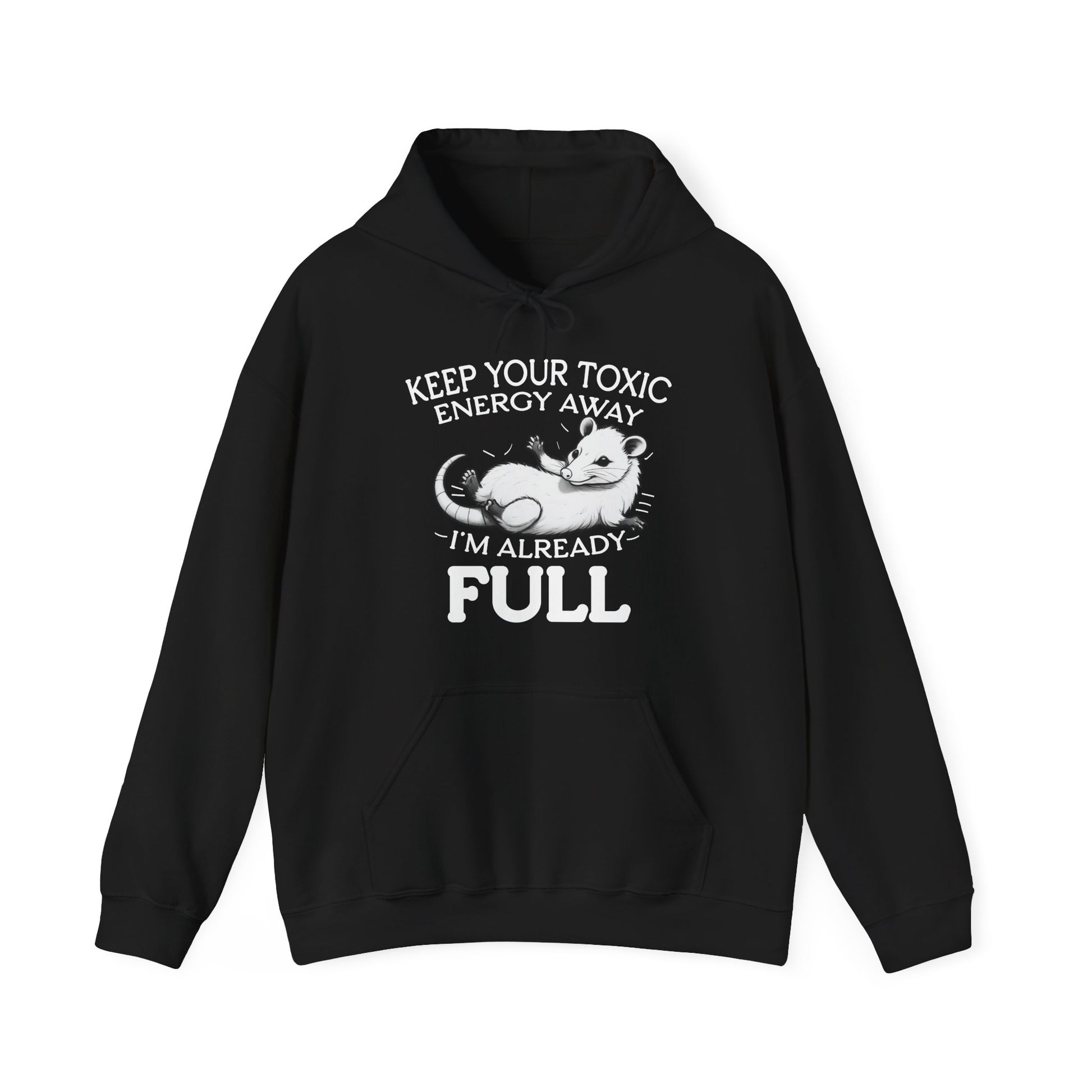 Black hoodie with white graphic and text on a white background