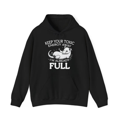 Black hoodie with white graphic and text on a white background