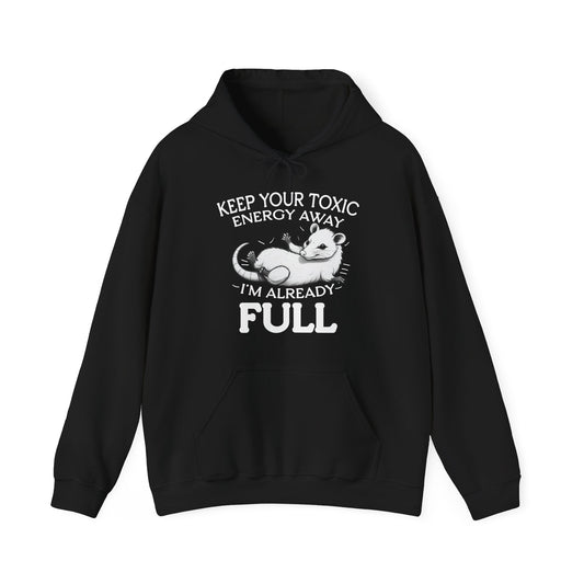 Black hoodie with white graphic and text on a white background