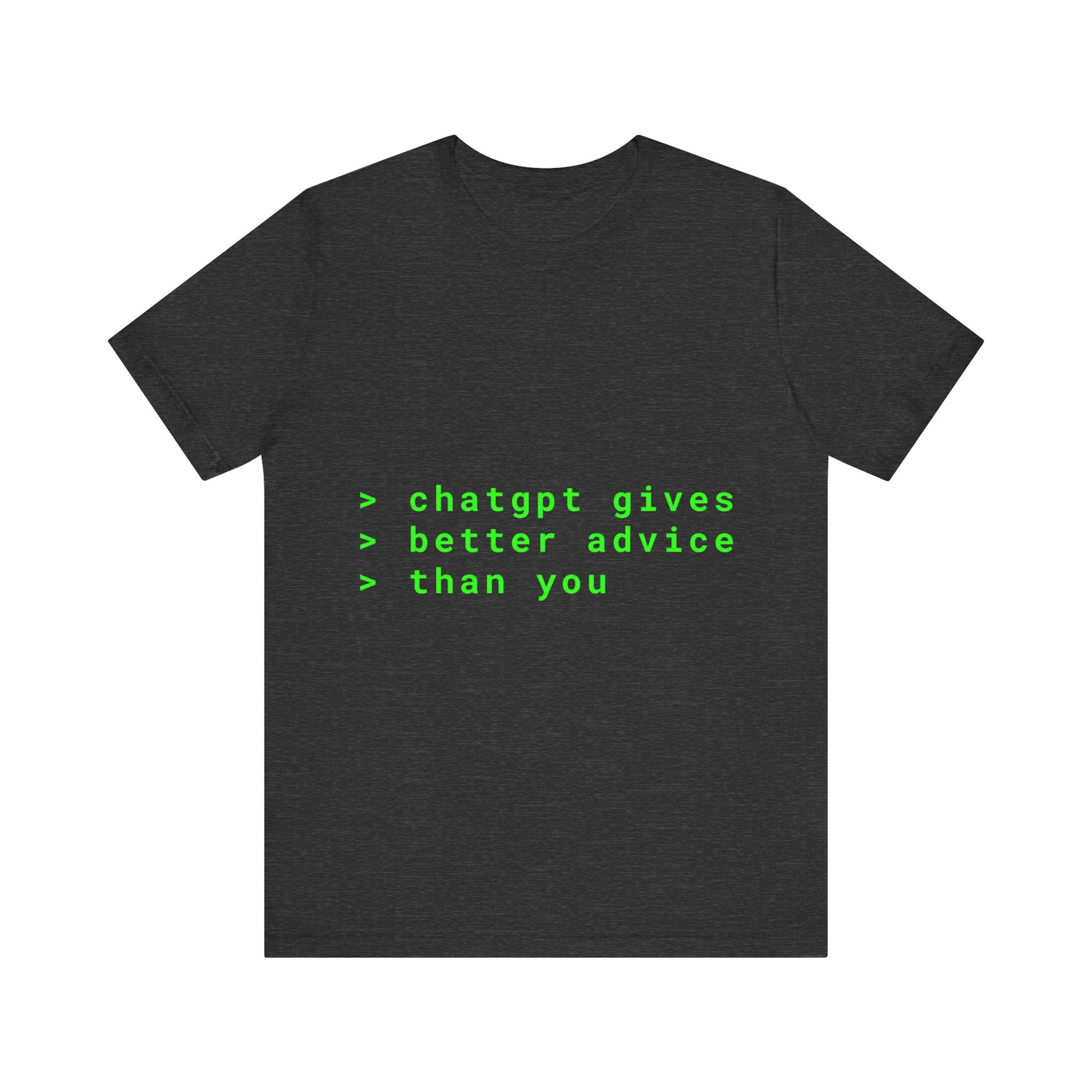 Black t-shirt with green text on a white background