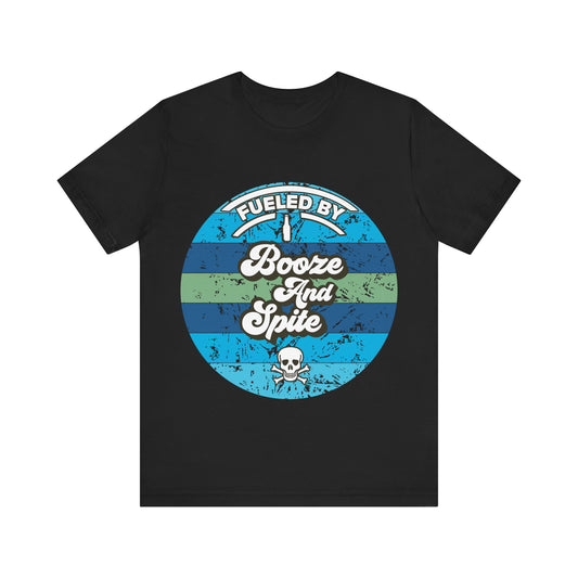 Black t-shirt with a blue circular design featuring text and a skull on a white background