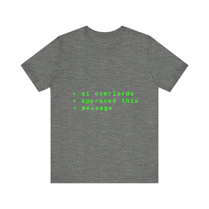 Gray t-shirt with green text on a white background
