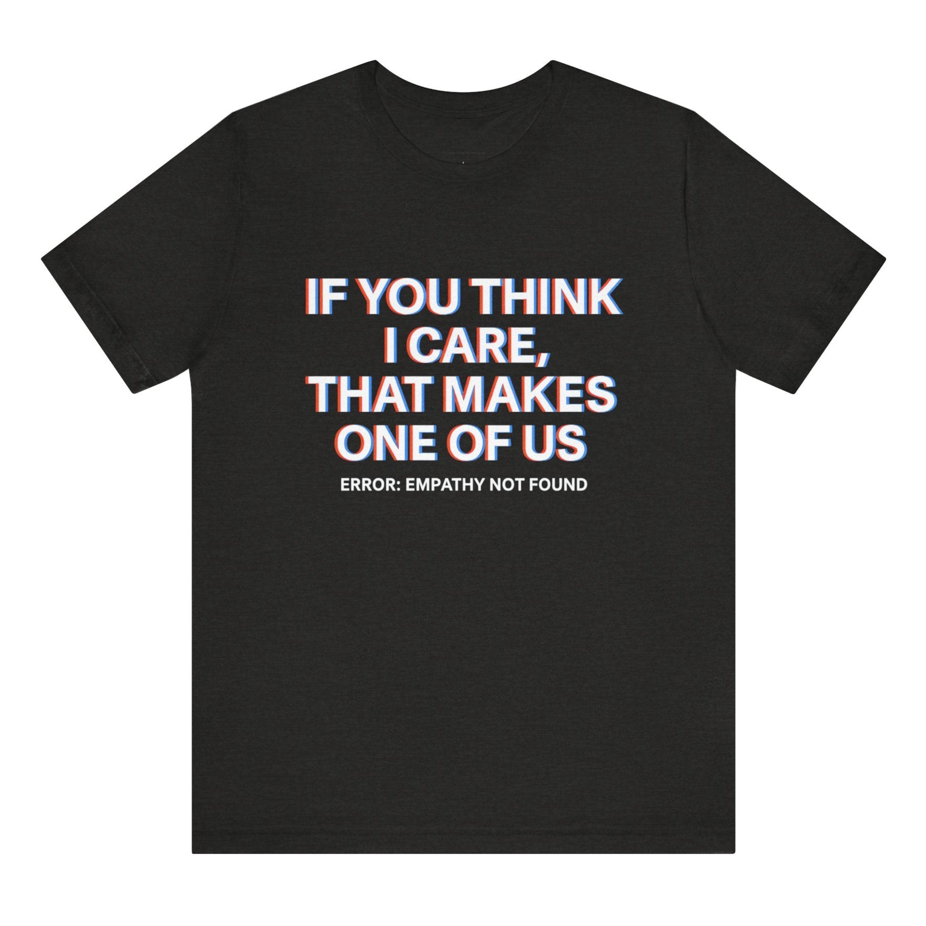 Black t-shirt with white text on a white background