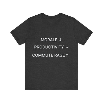 Black t-shirt with white text on a white background