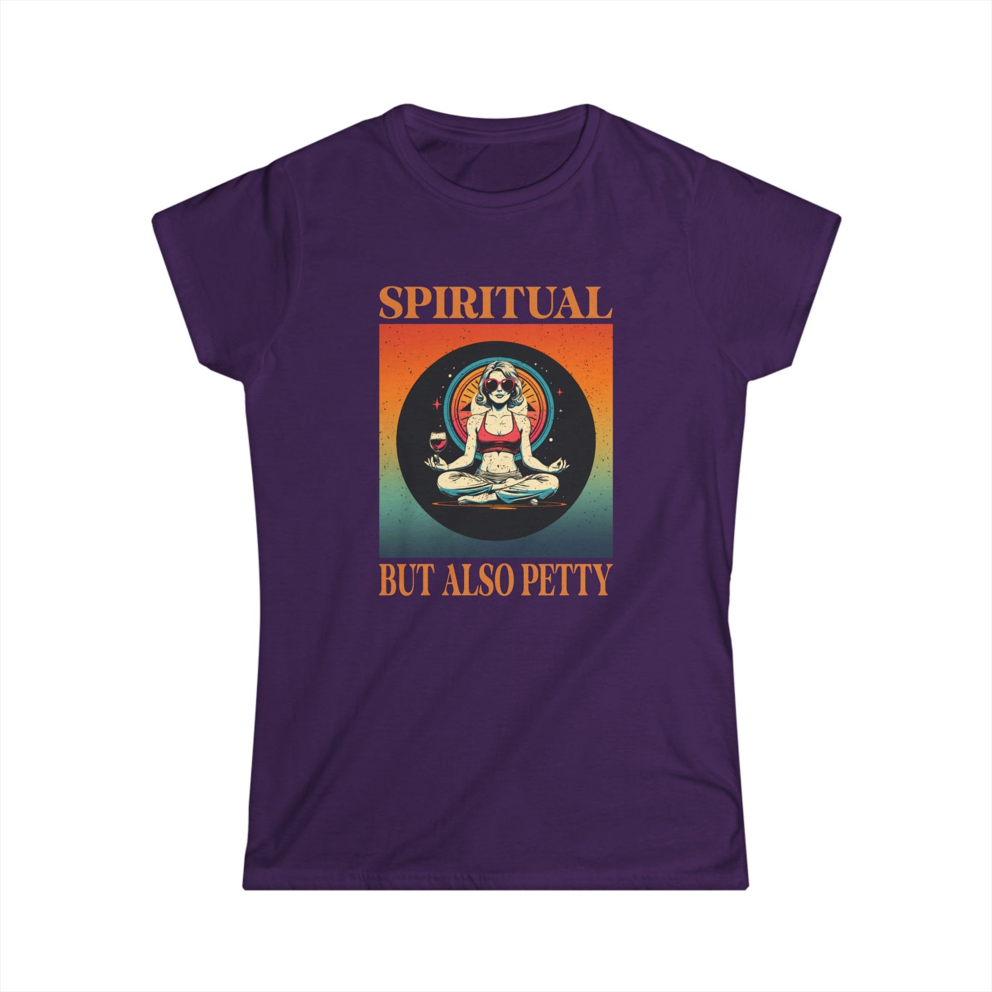 Purple t-shirt with 'Spiritual But Also Petty' graphic design on a white background
