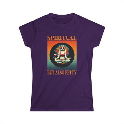 Purple t-shirt with 'Spiritual But Also Petty' graphic design on a white background