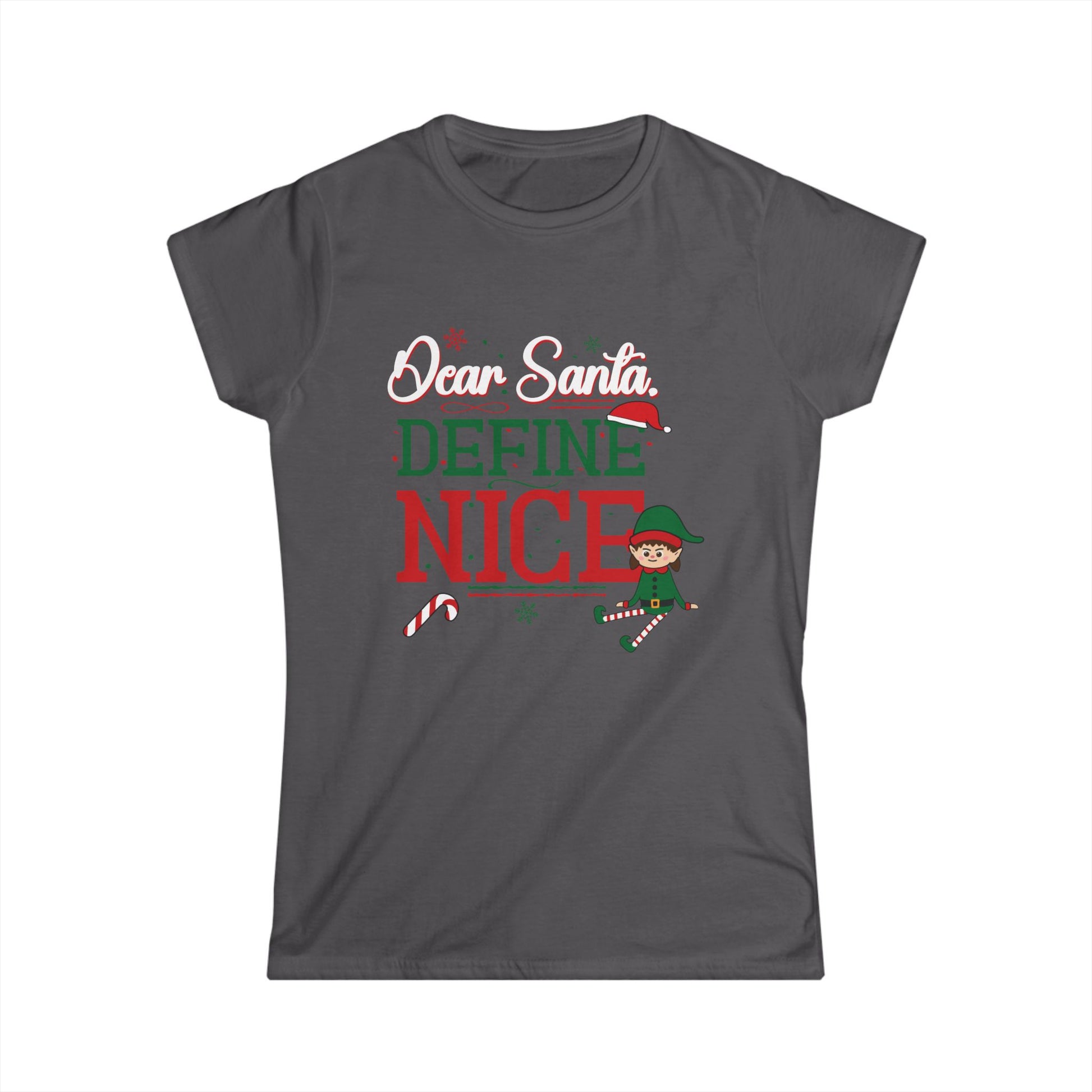 Gray t-shirt with Christmas-themed text and graphics on a white background