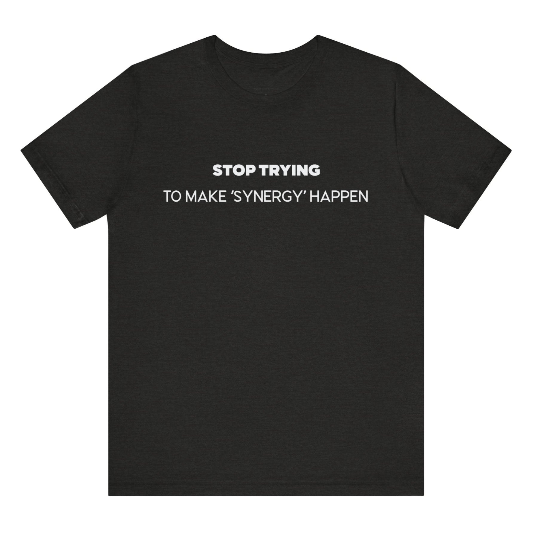 Black t-shirt with white text on a white background