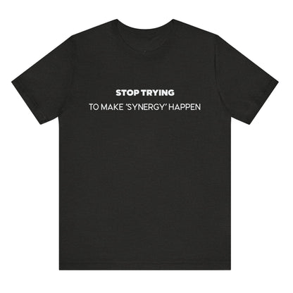 Black t-shirt with white text on a white background
