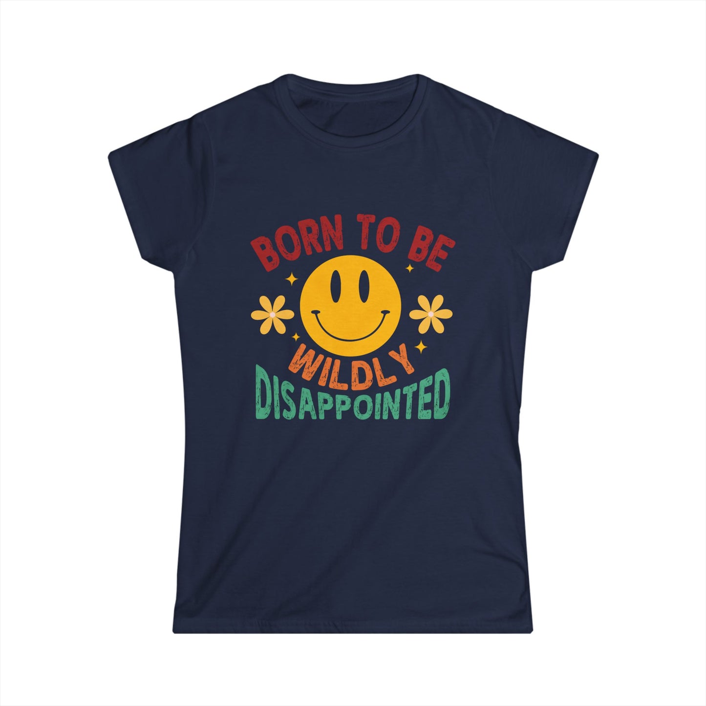 Navy blue t-shirt with a smiley face and text on a white background