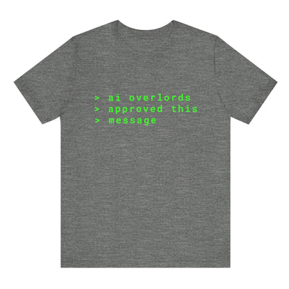 Gray t-shirt with green text on a white background