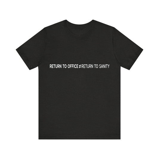 Black t-shirt with white text on a white background