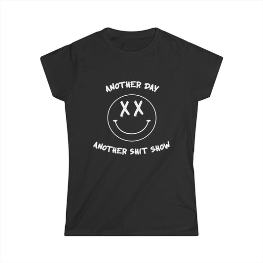 Black t-shirt with white graphic and text on a white background