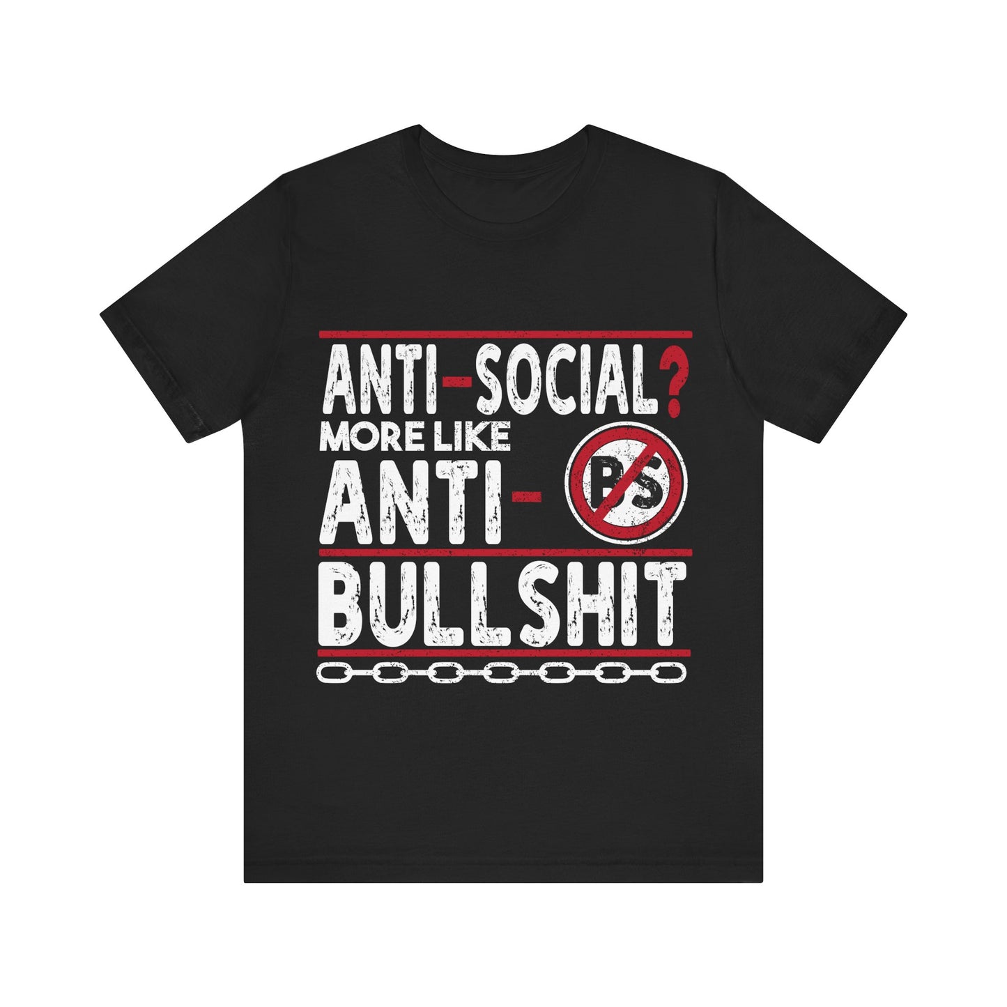Black t-shirt with white and red text and graphics on a white background