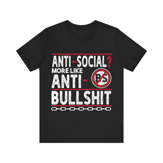Black t-shirt with white and red text and graphics on a white background