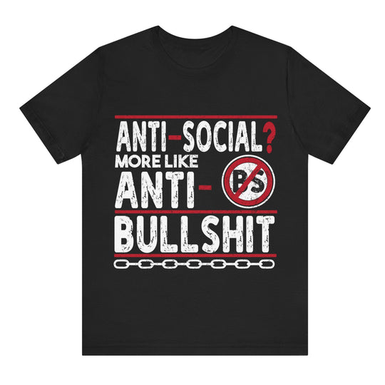 Black t-shirt with white and red text and graphics on a white background